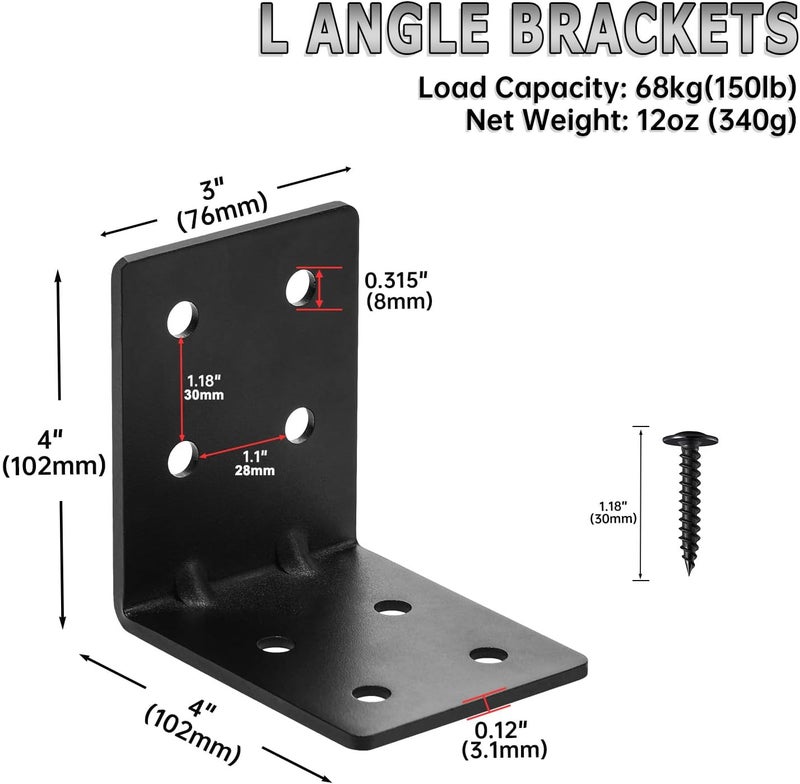 MOZCORN 4 PCS Heavy Duty Steel Corner Brackets, 4"x4"x3" 90 Degree L Right Angle Bracket, DIY L Shelf Brackets, Metal Joint Timber Connector Support for Wood Shelves, Furniture - Image 2